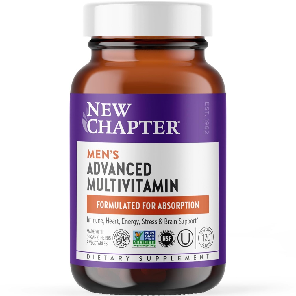 New Chapter Men's Multivitamin Advanced Formula for Stress, Brain, Immune, Heart & Energy Support, Higher Levels of Whole-Food Farmed Essential Nutrients for Men + Selenium + B Vitamins, 120 ct