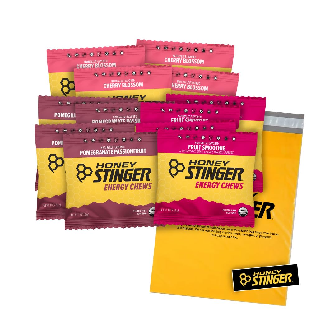 Honey Stinger Organic Energy Chews – Ποικιλία πακέτο – 12 Count – 4 of Each Flavor – Chewy Gummy Energy Source – Cherry Blossom, Φρούτα Smoothie & Ρόδι Passionfruit – Plus Sticker και Polybag