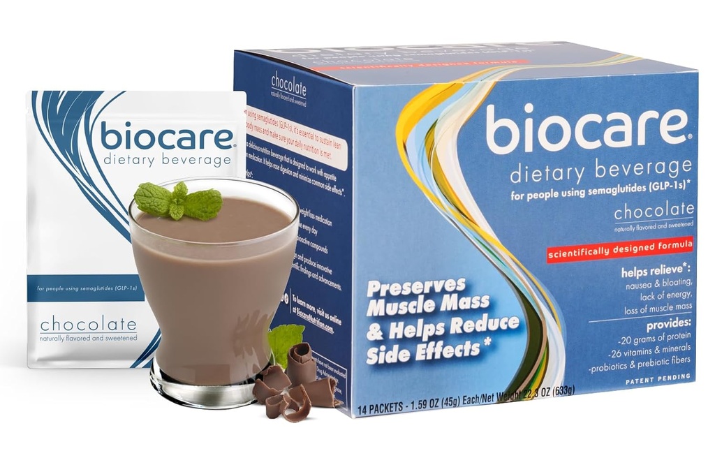 Biocare Διατροφική Ποτό για τους χρήστες GLP-1, Dietary Powder Drink Παρέχει 20g Ουσιαστική Πρωτεΐνη, 26 Βιταμίνες / Ορυκτές, Βοηθά στην Ευκολία Ναυτία, Μπλέξιμο, Δυσκοιλιότητα, Σοκολάτα (14 κόμης)