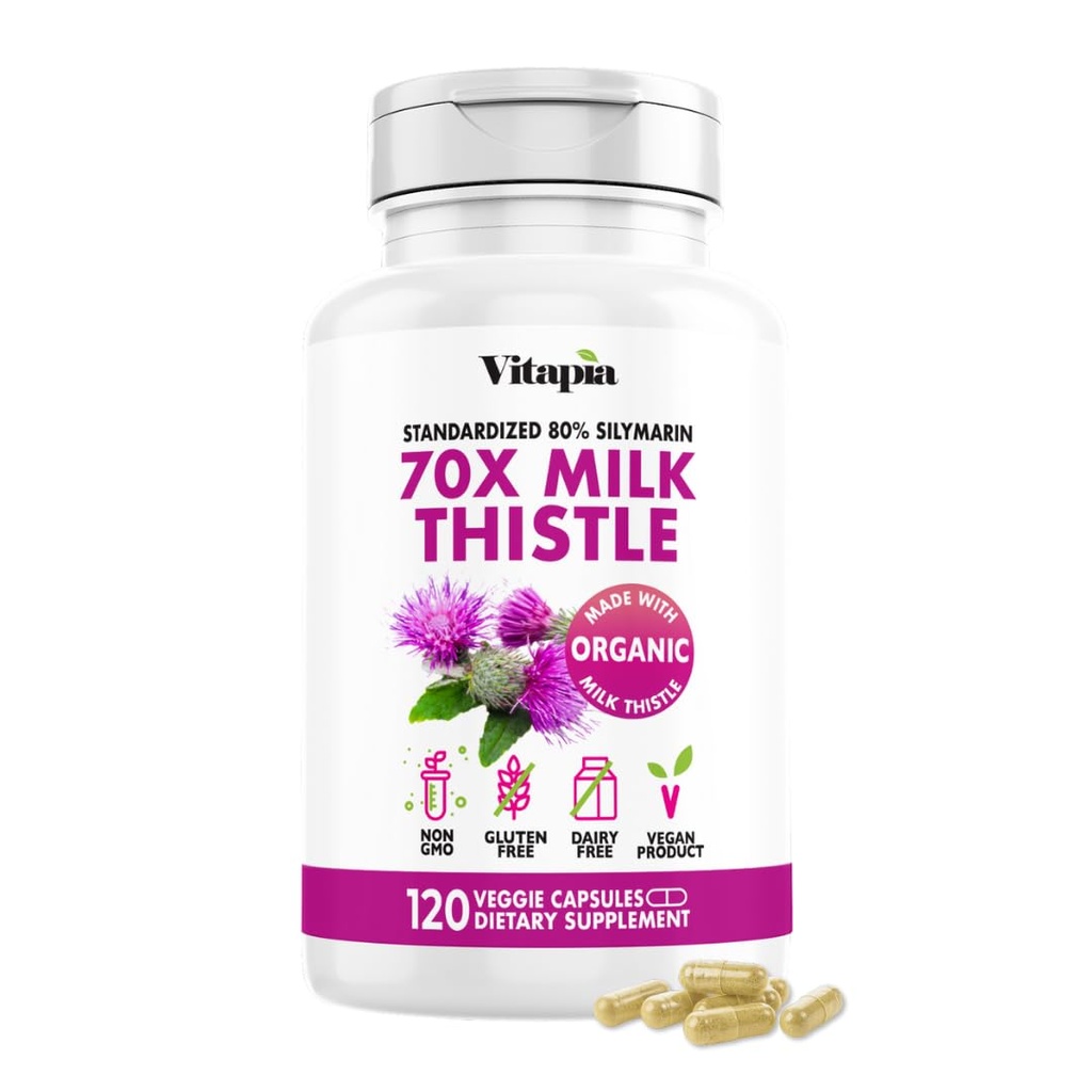 Vitapia Organic Milk Thistle Extract 70:1 συμπλήρωμα - Liver Cleanse Detox & Repair, Liver Health Support, Antioxidants - 120 Vegan Κάψουλες, Μη ΓΤΟ, Χωρίς γλουτένη