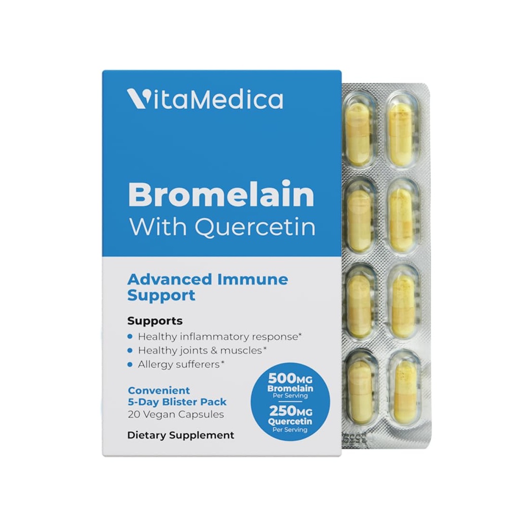 VitaMedica Bromelain & Quercetin συμπλήρωμα - 500mg Bromelain 250mg Quercetin - 2400 GDU για την ανοσία, κοινή υποστήριξη, φλεγμονή και την αποκατάσταση των μυών - 20 κάψουλες Vegan - 5 ημέρες προσφοράς