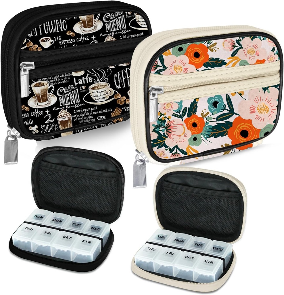 Serfeymi Weekly Travel Pill Organizer Pill Case for Purse with Removable 7 Day Pill Box, Fashionable Travel Medicine Organizer Pill Container for Medicine, Vitamin, Συμπλήρωμα - Black 02 + Bloom 01
