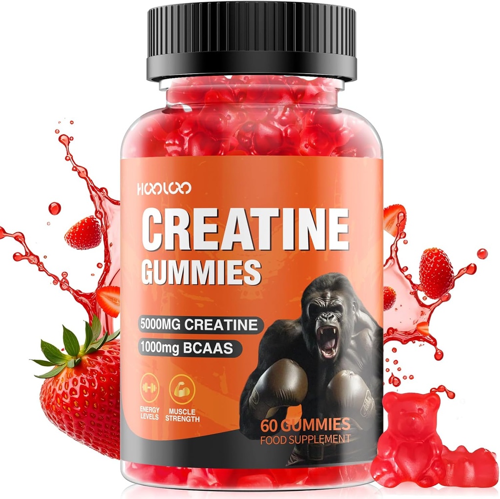 HOOLOO Creatine Gummies 5000mg Creatine Monohydrate, 1000mg BCAAs per Serving - Chewable Vegan Sugar Free Gummies, Flawry Flavour (1 Μήνας Προμήθεια)