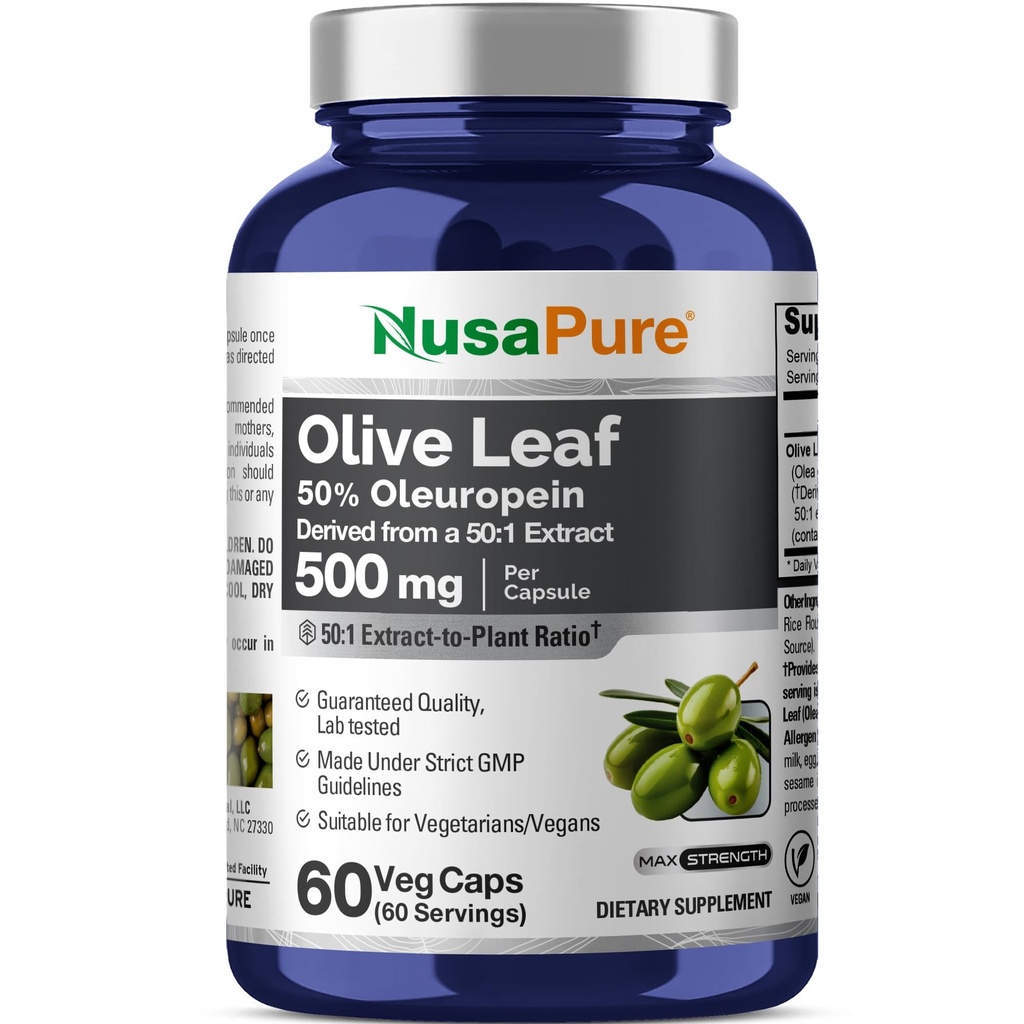 NusaPure Olive Leaf 50:1 Extract, 500 mg Ισοδύναμο με 25.000mg - 50% Oleuropein Vegan/Vegetarian - Super Strength No Oil 60 Κάψουλες