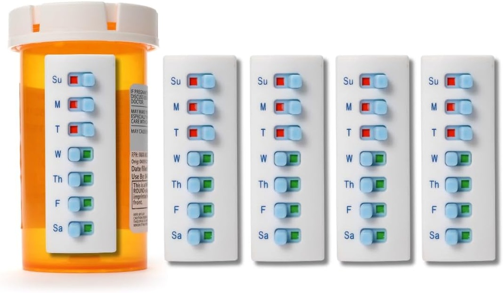 Take‐n‐Slide Peel and Stick Reuseable for 12 + Refills, Pill/Medication/Vitamin/Pet Med Tracker & Υπενθύμιση, Συνδέστε στο μπουκάλι σας, Organizer-free, Curved‐Back (Λευκό, 5-Pack)