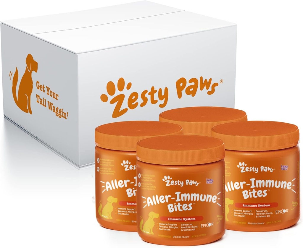 Zesty Paws Αλλεργία ανοσοποιητικό συμπλήρωμα για σκύλους αρνί - με Ωμέγα 3 Άγρια σαλμονέλαιο Αλάσκας & EpiCor + Digestive Prebiotics & Probiotics - Anti Itch & Skin Hot Spots - 90 Count, 4 Pack