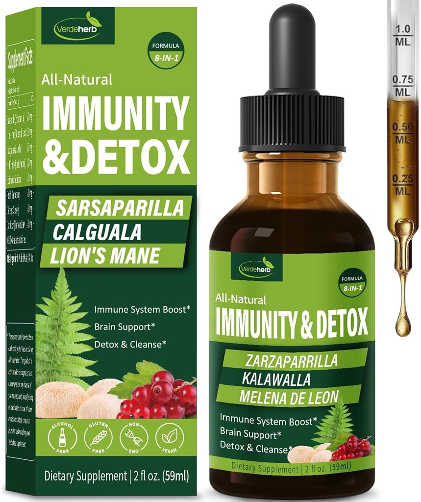 Sarsaparilla & Kalawalla Root (Polypodium Leucotomos) Ανοσία & Detox Drops, Φυσικό Herbal Immune Support Formula w/Lion's Mane. Gotas de Zarzaparrilla, Cardo Mariano y Melena.