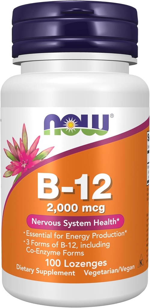 NOW Συμπληρώματα Τροφίμων, B-12 2.000 mcg, Παραγωγή Ενέργειας*, Υγεία Νευρικού Συστήματος*, 100 Lozenges