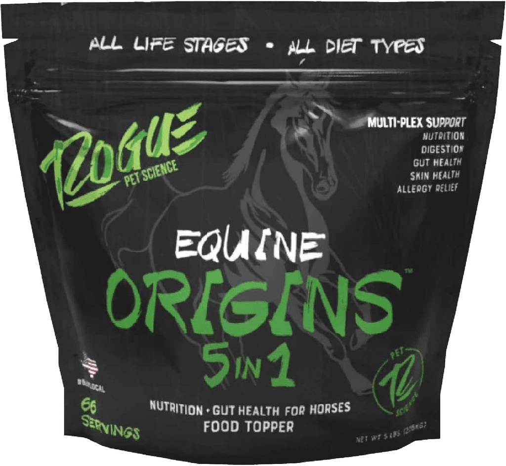 ROGUE PET SCIENCE Προέλευση 5-σε-1 συμπλήρωμα αλόγων - Pelleted Equine Food Topper w/Natural Omega 3 Fish Oil - Υποστηρίζει την υγεία των ούλων, Ulcer Relief & Joints-Βοηθά Αλλεργίες, το δέρμα και το παλτό υγεία (5 lbs)