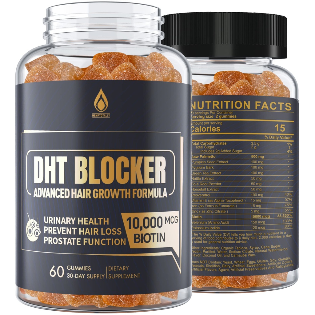 DHT Blocker Gummies συμπλήρωμα ανάπτυξης μαλλιών, Super Potency Saw Palmetto & Biotin 10000 mcg για γυναίκες & άνδρες, συν 12 ιδιόκτητη ανάμειξη - πρόληψη της απώλειας μαλλιών, μπλοκάρισμα DHT υποδοχείς, ορμονική ισορροπία