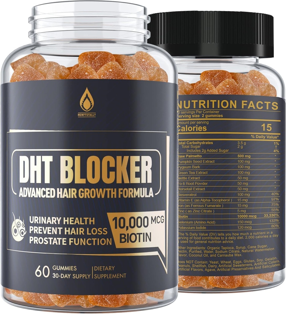 DHT Blocker Gummies συμπλήρωμα ανάπτυξης μαλλιών, Super Potency Saw Palmetto & Biotin 10000 mcg για γυναίκες & άνδρες, συν 12 ιδιόκτητη ανάμειξη - πρόληψη της απώλειας μαλλιών, μπλοκάρισμα DHT υποδοχείς, ορμονική ισορροπία