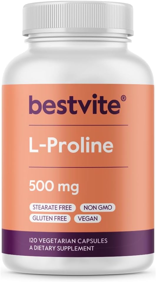 BESTVITE L-Proline 500mg (120 κάψουλες χορτοφαγικής) - Δεν Stearates - Δεν Fillers - Vegan - Χωρίς γλουτένη - Μη ΓΤΟ