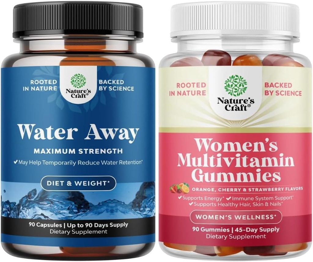 Bundle of Water Away Pills - Fluid Retention Supplement with Dandelion Leaf Extract for Bloating Relief - Capsules for Leg & Feet Swelling and Women's Multivitamin Gummies for Adults Energy & Immunity