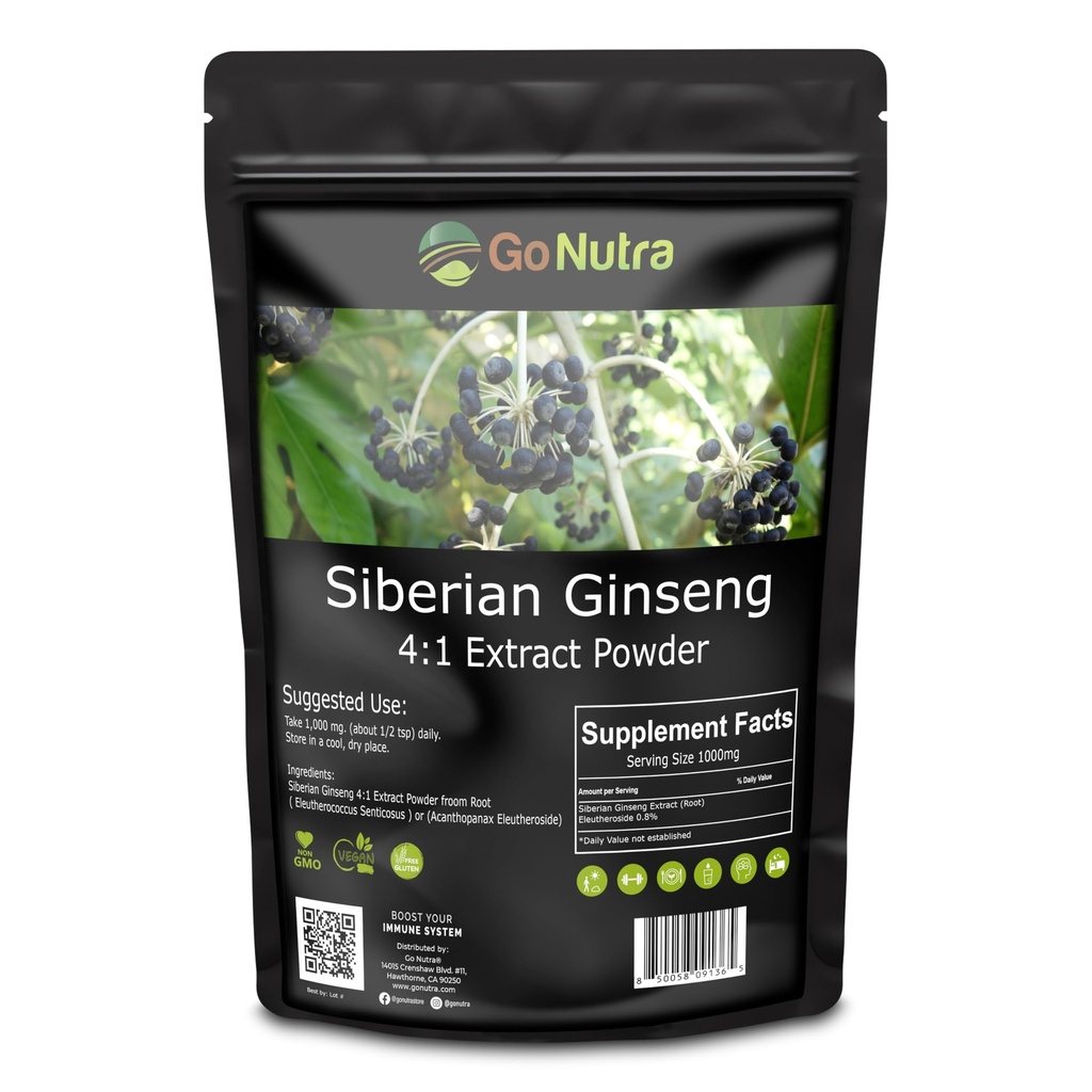 Go Nutra Siberian Ginseng - Eleuthero Root Powder | 4:1 Extract 4X Times Stronger | Supports Energy & Stamina | Natural & Adaptogenic | Eleutherococcus Senticosus | Non-GMO | 4 Ounce