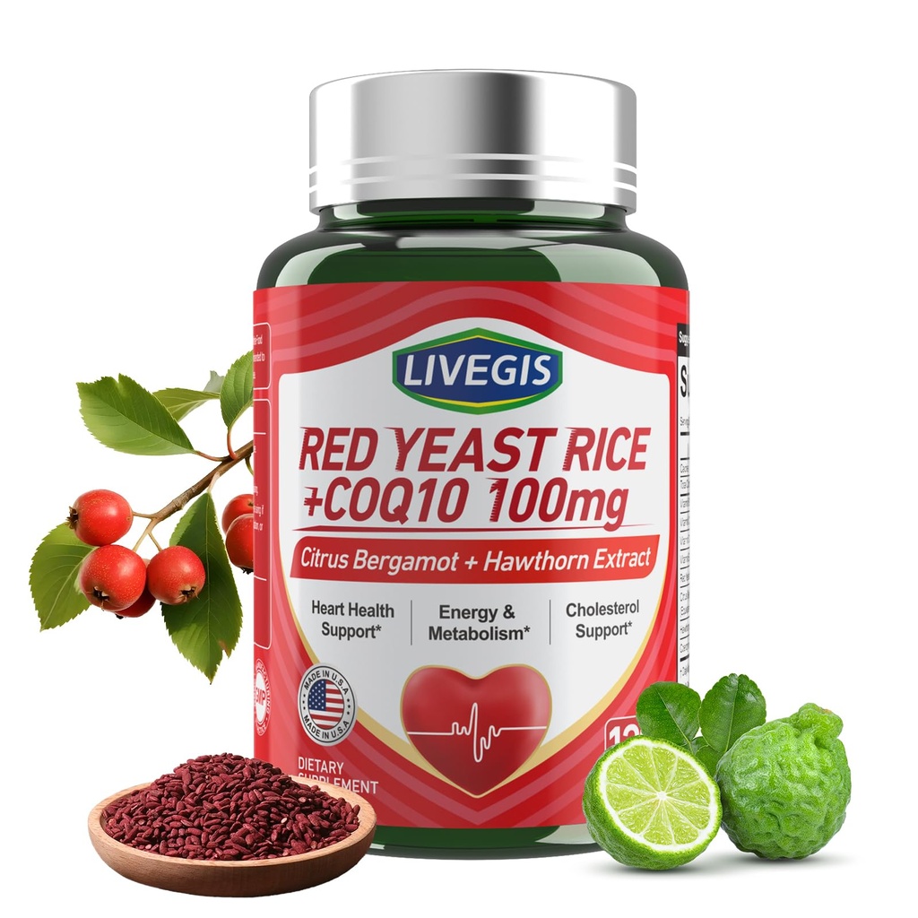 Red Yeast Rice 2000mg with CoQ10 100mg - Citrinin Free Heart Health Supplement with Citrus Bergamot & Hawthorn - Supports Healthy Cholesterol Levels - Vegan, Non-GMO Capsules 120 Counts