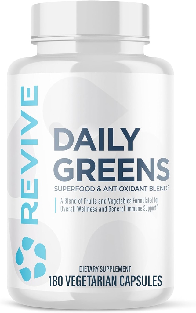 Revive MD Daily Greens συμπλήρωμα για άνδρες & γυναίκες - Superfood & Antioxidant Blend w/Digestive Enzymes, Prebiotics & Probiotics για την υποστήριξη του ανοσοποιητικού, Digestive & Gut Health - 180 Κάψουλες (60 Servings)