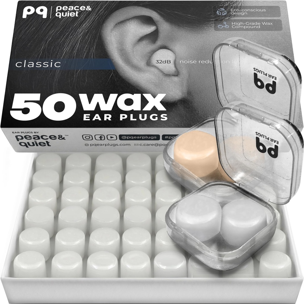 PQ Wax Ear Plugs for Sleeping, Swimming - 50 Θόρυβος Ακύρωση Σιλικόνης Gel Wax Earplugs, Προστασία αυτιού για τον ύπνο και την κολύμβηση, Μαλακά Wax Μαξιλάρια με Sound Blocking Level 32Db, (50 Μαξιλάρια), Χρώμα: Λευκό