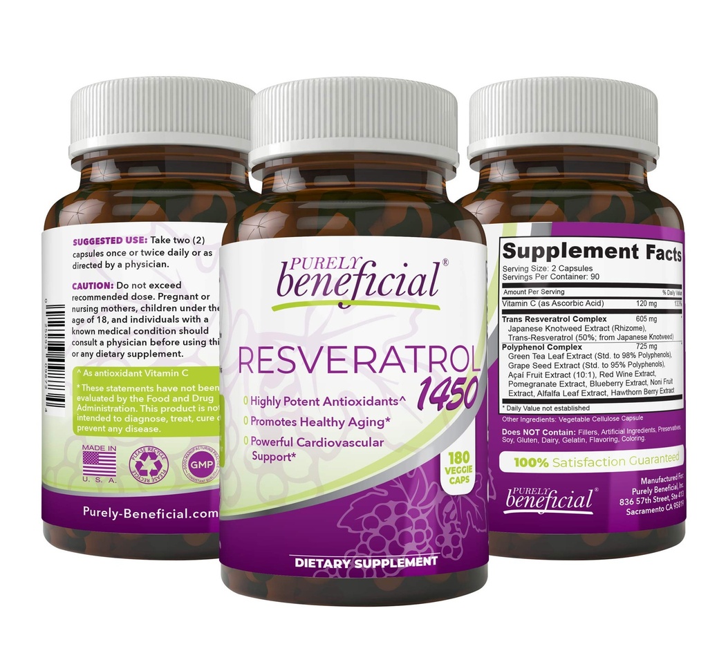 PURELY beneficial RESVERATROL1450-90day Supply, 1450mg per Serving of Potent Antioxidants & Trans-Resveratrol, Promotes Anti-Aging, Cardiovascular Support, Maximum Benefits(1bottle)