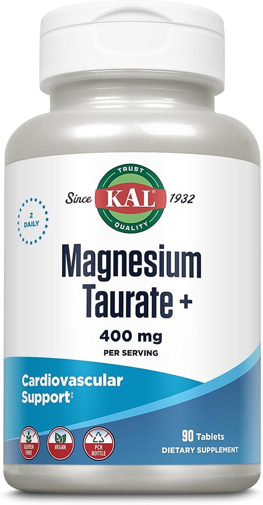 KAL Μαγνήσιο Taurate 400mg Plus Συνένζυμο Βιταμίνη B6, Χηλικό συμπλήρωμα μαγνησίου, Υγιής λειτουργία μυών, Nerve και την υποστήριξη της υγείας της καρδιάς, Χωρίς γλουτένη, Vegan, 60- ημέρα εγγύηση, 45 Serv, 90 δισκία