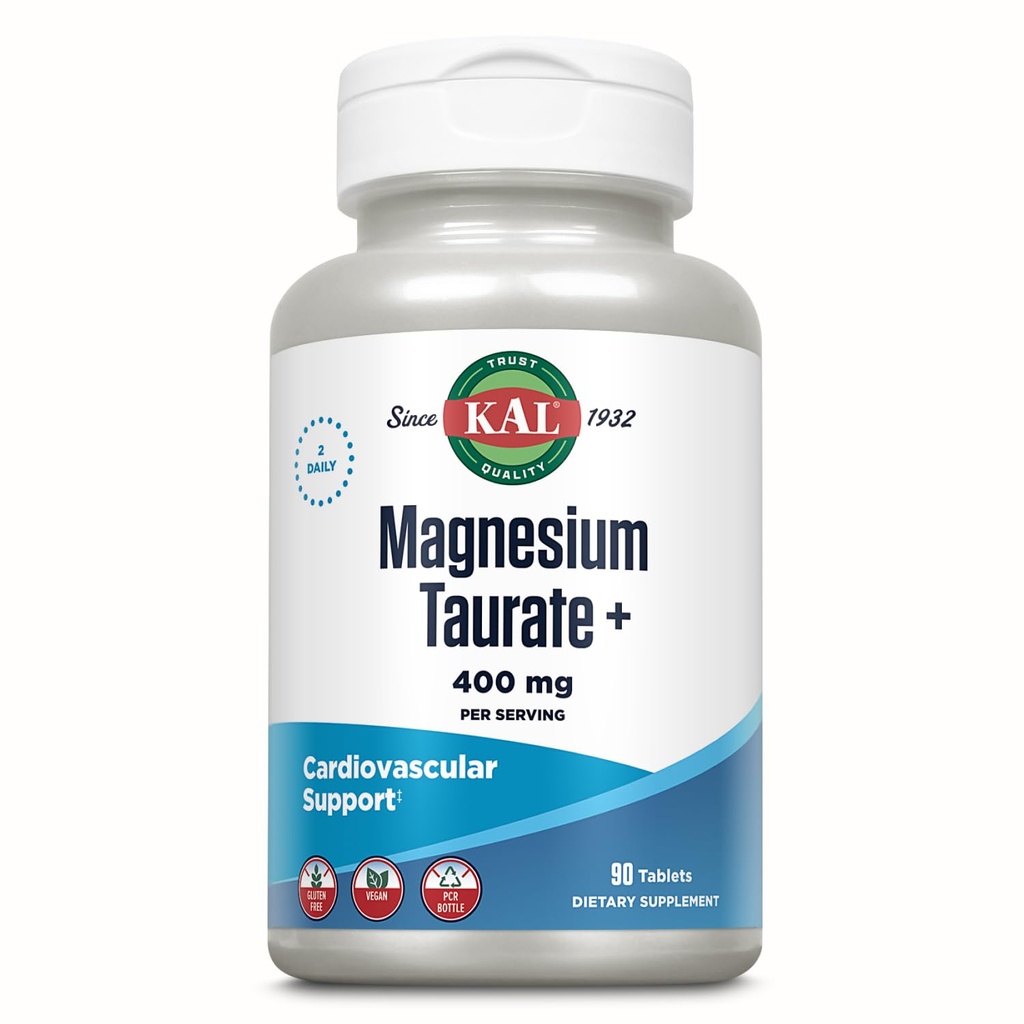 KAL Μαγνήσιο Taurate 400mg Plus Συνένζυμο Βιταμίνη B6, Χηλικό συμπλήρωμα μαγνησίου, Υγιής λειτουργία μυών, Nerve και την υποστήριξη της υγείας της καρδιάς, Χωρίς γλουτένη, Vegan, 60- ημέρα εγγύηση, 45 Serv, 90 δισκία