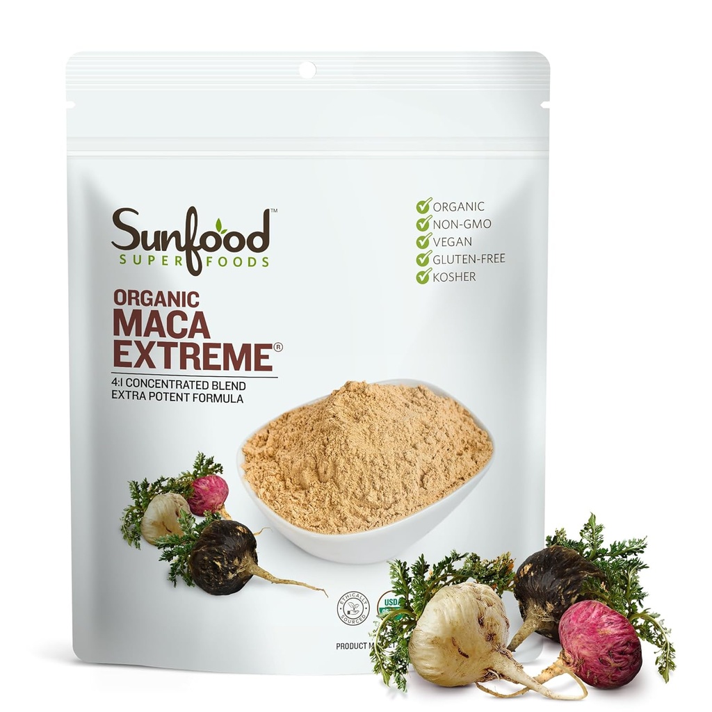 Sunfood Organic Maca Extreme - Maca Root Powder, Maca Powder Organic, Maca συμπλήρωμα για άνδρες και γυναίκες με προσαρμογόνα, Περουβιανό, Raw, Vegan, Premium Maca Powder - 8 Oz Bag