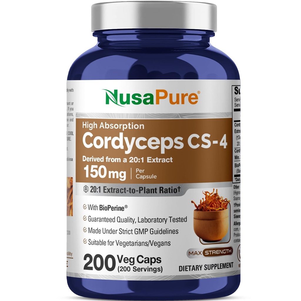 NusaPure Cordyceps 20:1 Extract, 150 mg Ισοδύναμα με 3.000 mg 200 κάψουλες Veggie (Sinensis CS-4, Non-GMO, Vegan) Bioperine
