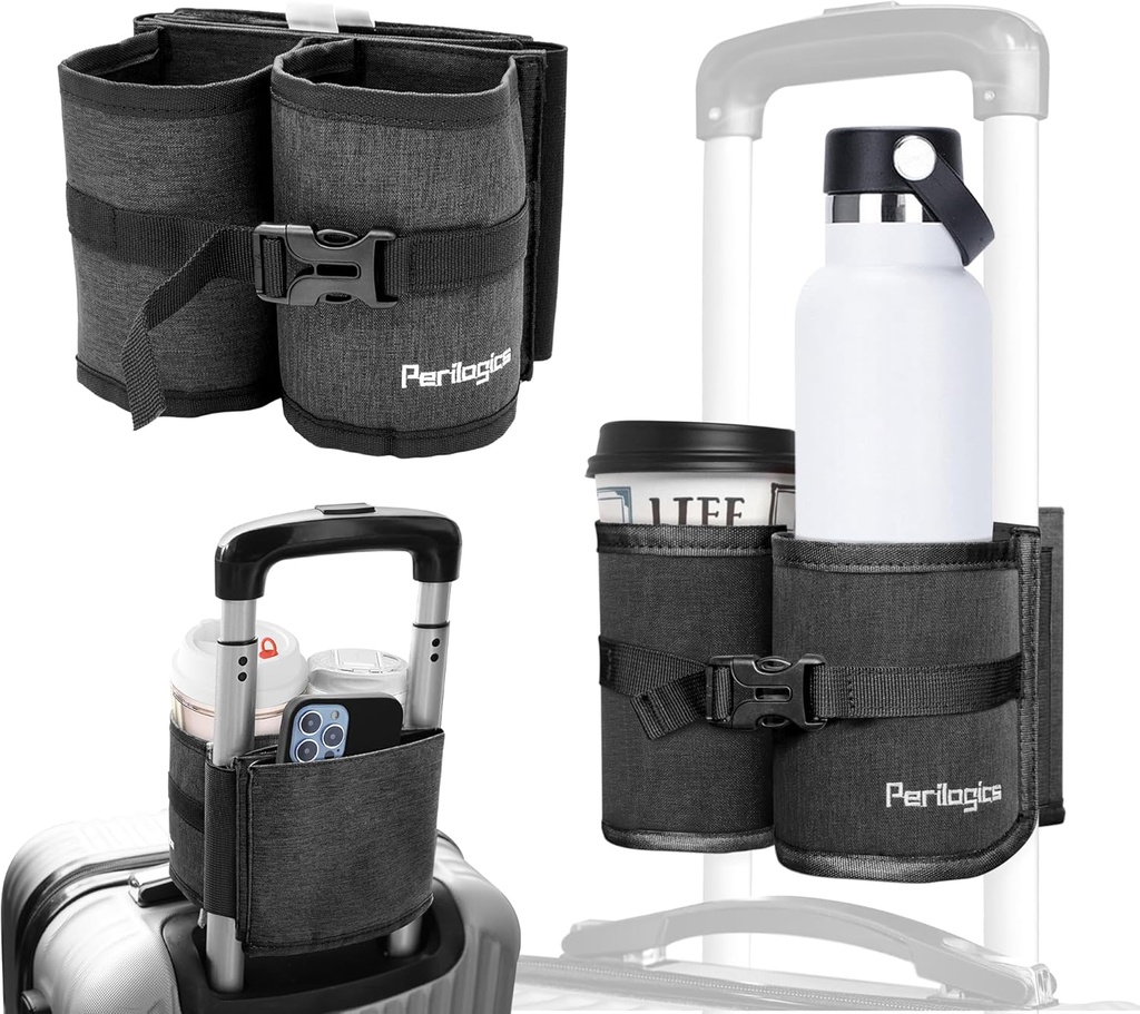 Perologics Luggage Travel Cup Holder Hands Free Drink Caddy for Suitcase Handle. Perfect Airplane Travel Essential Accessory Gift for Spequent Traveler, Flight Patent ή με παιδιά (Dark Gray)