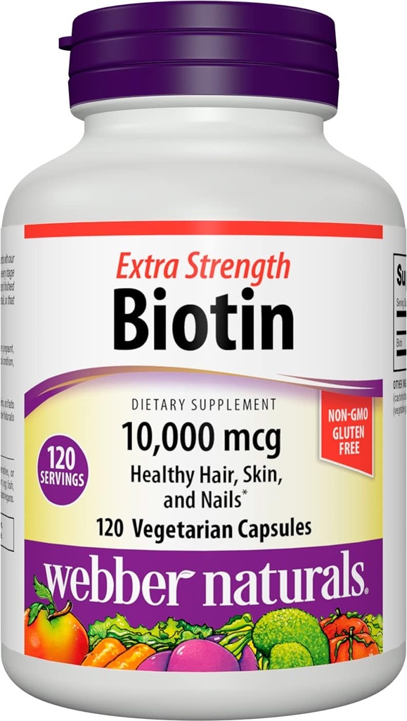 Webber Naturals Βιοτίνη 10.000 mcg, επιπλέον δύναμη, 120 κάψουλες, υγιή μαλλιά, δέρμα & νύχια, συμπλήρωμα βιταμίνης, Vegan