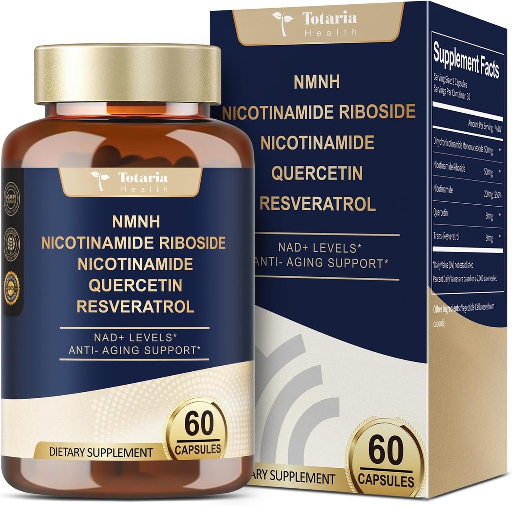 Totaria NMNH (NAD ή NMN Εναλλακτικό συμπλήρωμα) (Διυδρονικοτιναμίδιο Μονονουκλεοτίδιο) Υπερδύναμη, NAD+ Υποστήριξη w/NR, ρεσβερατρόλη & Quercetin, Ultra Απορρόφηση για την καταπολέμηση της γήρανσης, Vegan