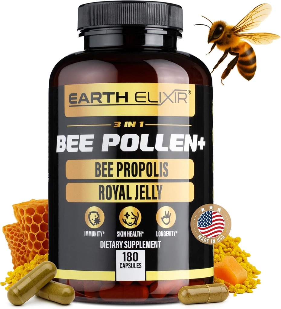 Earth Elixir 3-in-1 Organic Bee Pollen Capsule – Μη ΓΤΟ, Pure Raw Bee Pollen, Royal Jelly, Propolis Extract for Women & Men – Natural Energy, Immune & Vitality Support – 180 Propolis Κάψουλες