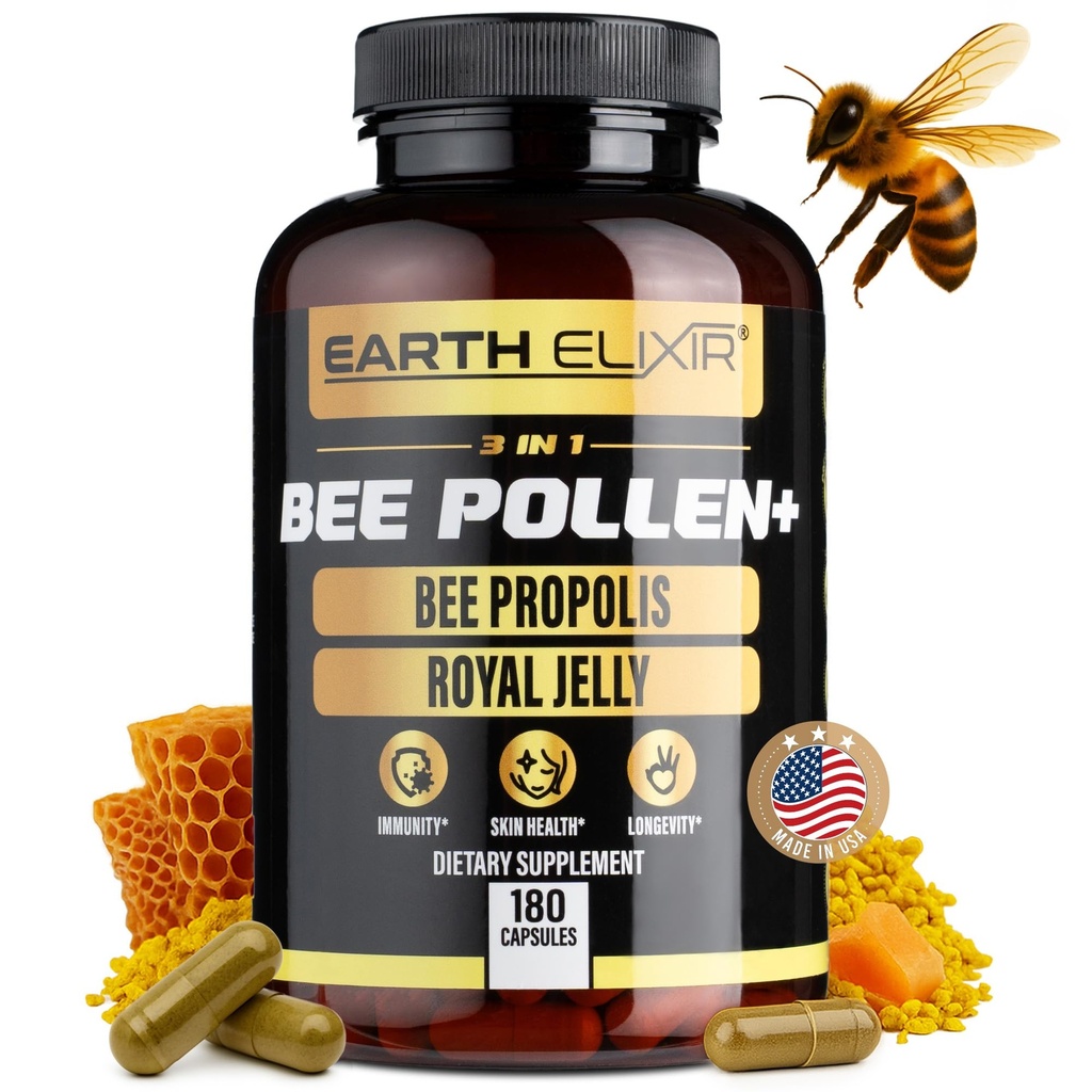 Earth Elixir 3-in-1 Organic Bee Pollen Capsule – Μη ΓΤΟ, Pure Raw Bee Pollen, Royal Jelly, Propolis Extract for Women & Men – Natural Energy, Immune & Vitality Support – 180 Propolis Κάψουλες