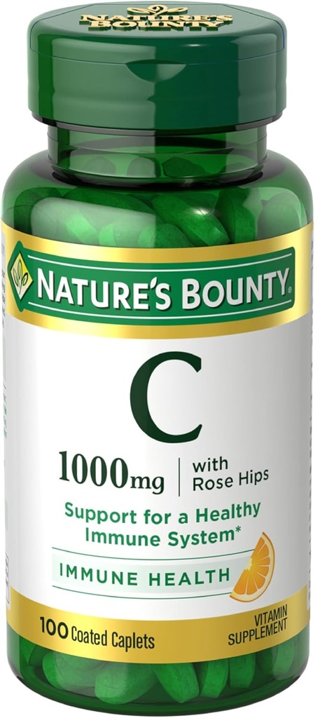 Nature’s Bounty Vitamin C + Rose HIPS, Immune Support, 1000mg Vitamin C, Coated Caplets, 1 Serving per Day, Vegetarian Caplets, 100 Ct
