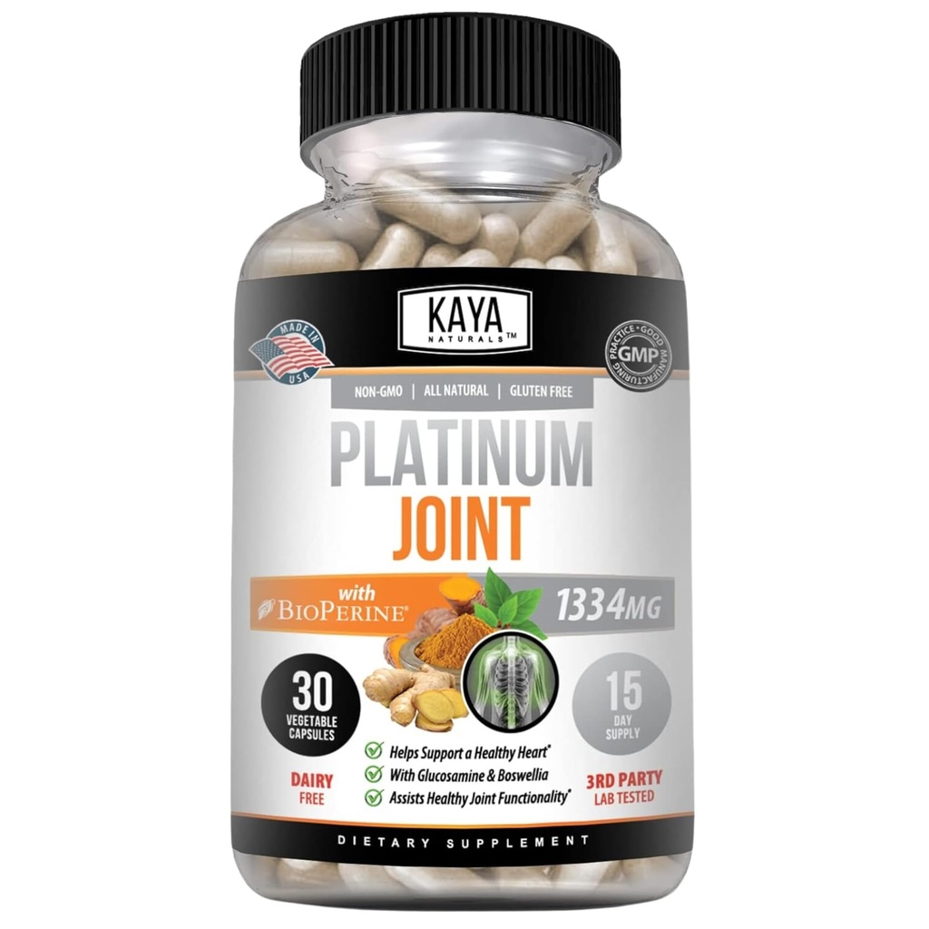 Kaya Naturals Platinum Mobility Turmeric - Bioperine, Glucosamine, Turmeric with Boswellia, Healthy Natural Mobility Support, Turmeric Curcumin 1334mg - 30 Κάψουλες