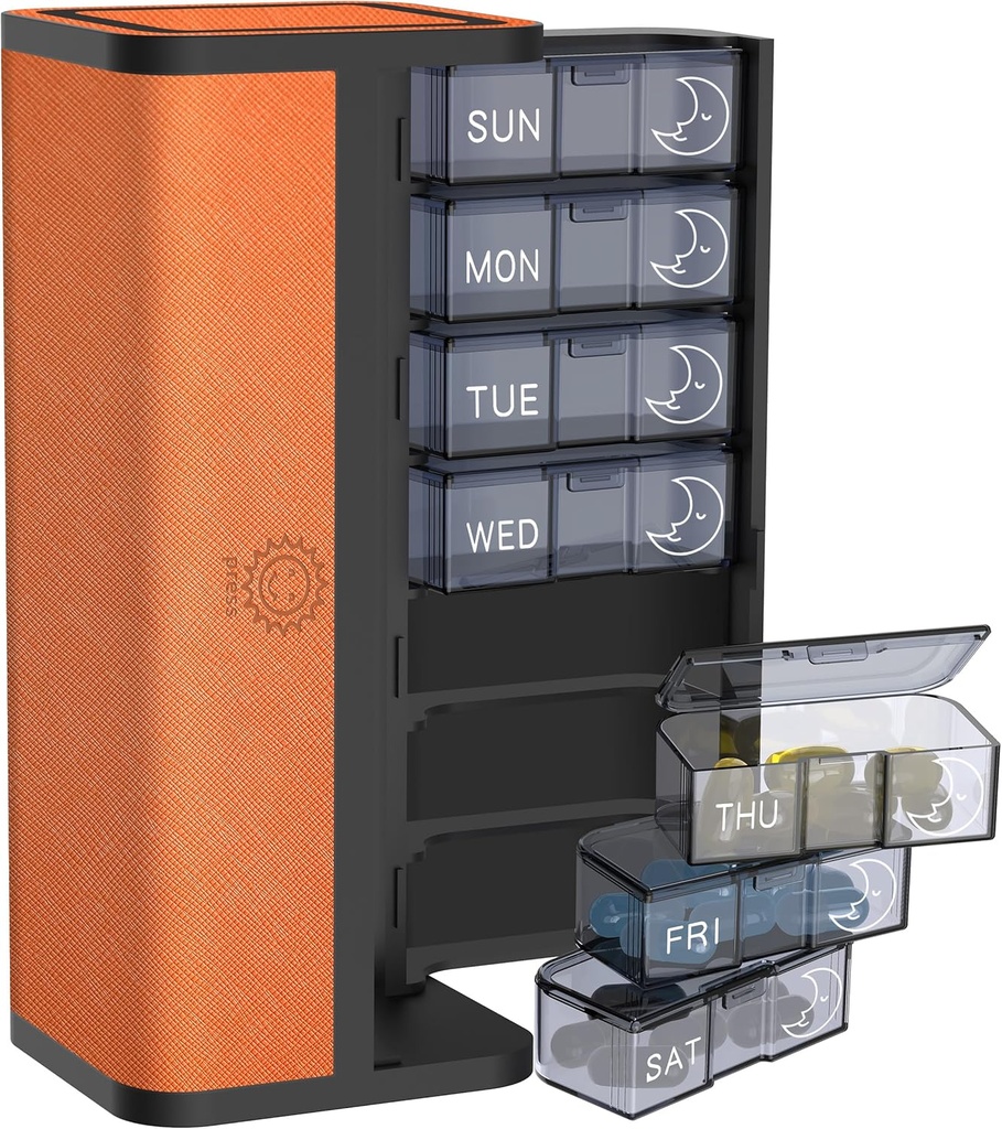 7-Day AM/PM Pill Organizer με Scratch-Resist Δερμάτινη Θήκη - Φορητό Εβδομαδιαία Ταξιδιωτική Ιατρική Κουτί με Αποσπώμενα Καθημερινή Pods & Privacy Design (Bright Orange)