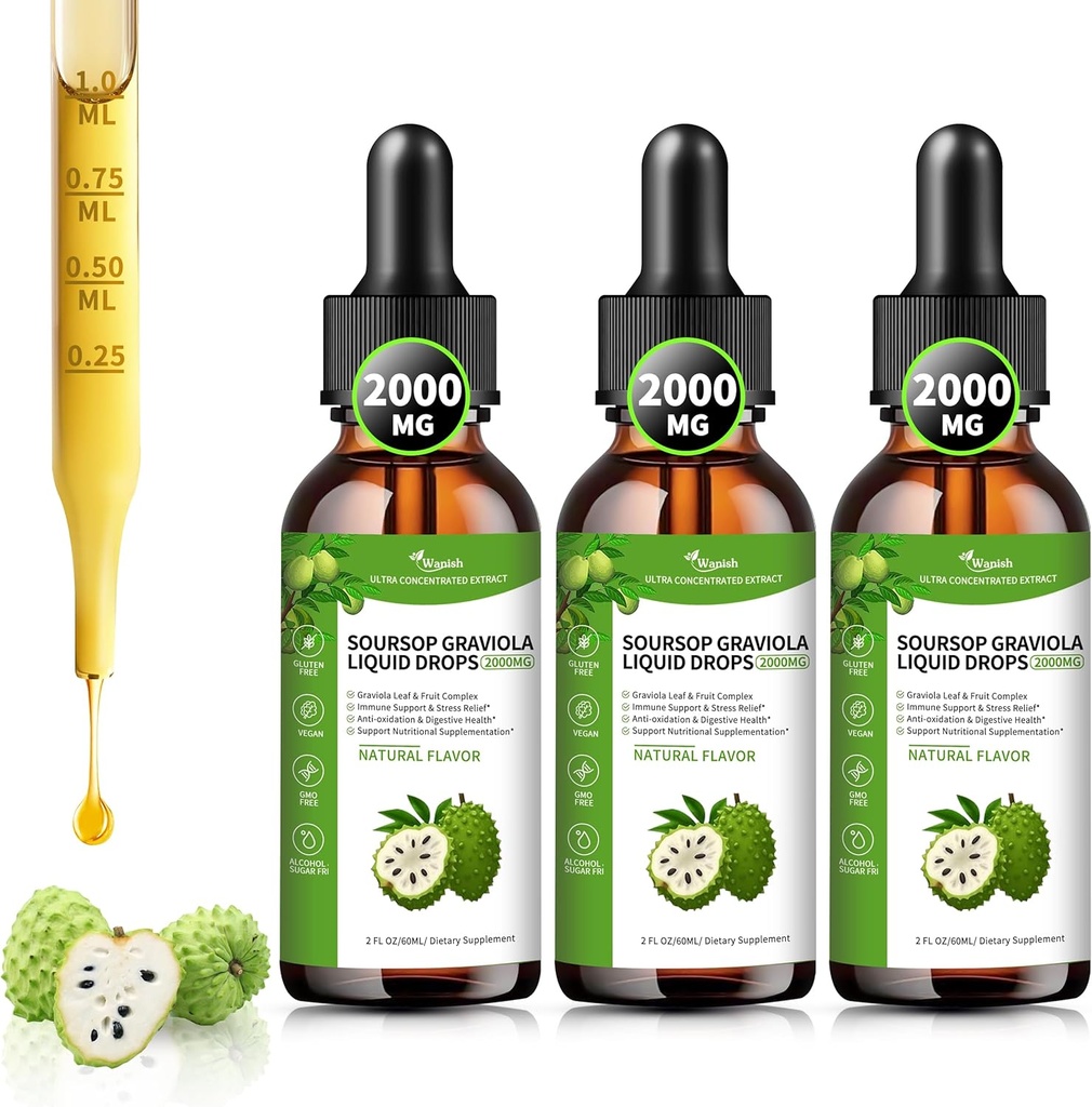 (3 Pack)Soursop Graviola Liquid Drops 2000mg, 98% Απορρόφηση Soursop Bitters Υγρό για την υποστήριξη & αναγέννηση κυττάρων, ανοσοενίσχυση, συκώτι, βοτανική καλοσύνη, ζάχαρη / Gluten Free, φυσικό άρωμα, 6 Fl Oz