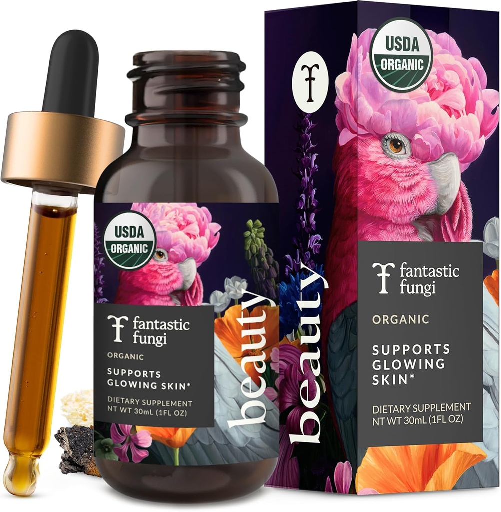 Fantastic Fungi Beauty Elixir with Tremella Mushroom Extract, Chaga Mushroom Extract, Horsetail & Acerola - Βιολογικές σταγόνες για υγιή μαλλιά, δέρμα & νύχια - Formulated in USA - 30 Servings, 1 fl oz