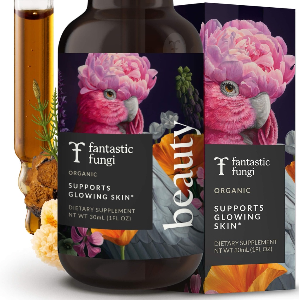 Fantastic Fungi Beauty Elixir with Tremella Mushroom Extract, Chaga Mushroom Extract, Horsetail & Acerola - Βιολογικές σταγόνες για υγιή μαλλιά, δέρμα & νύχια - Formulated in USA - 30 Servings, 1 fl oz