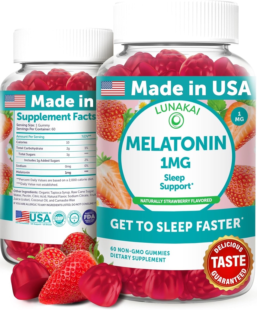 Lunakai USA Made Low Dose Melatonin Gummies 1mg - Απαλή Βοήθεια Ύπνου για Ενήλικες & Παιδιά - Μη ΓΤΟ, Vegan, Χωρίς Γλουτένη - 60 Count