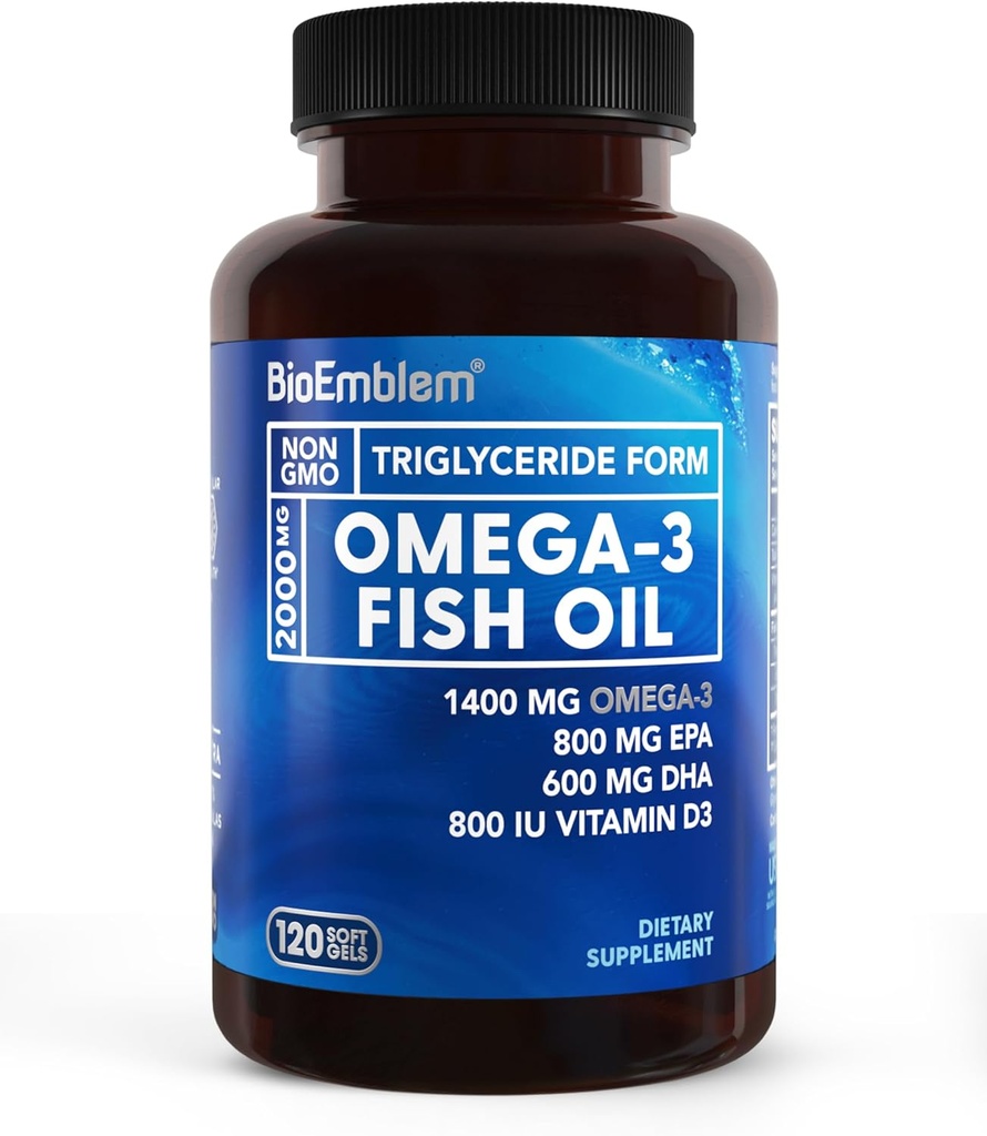BioEmblem Omega-3 Fish Oil 2000mg - Μικρό μέγεθος Softgels, Υψηλή μορφή απορρόφησης, Βιώσιμη - 1400mg EPA &DHA Plus Βιταμίνη D3, Μη-GMO, Καρδιά, Κοινή, & Συμπληρώματα Ψάρια Υγείας του εγκεφάλου, 120 Ct