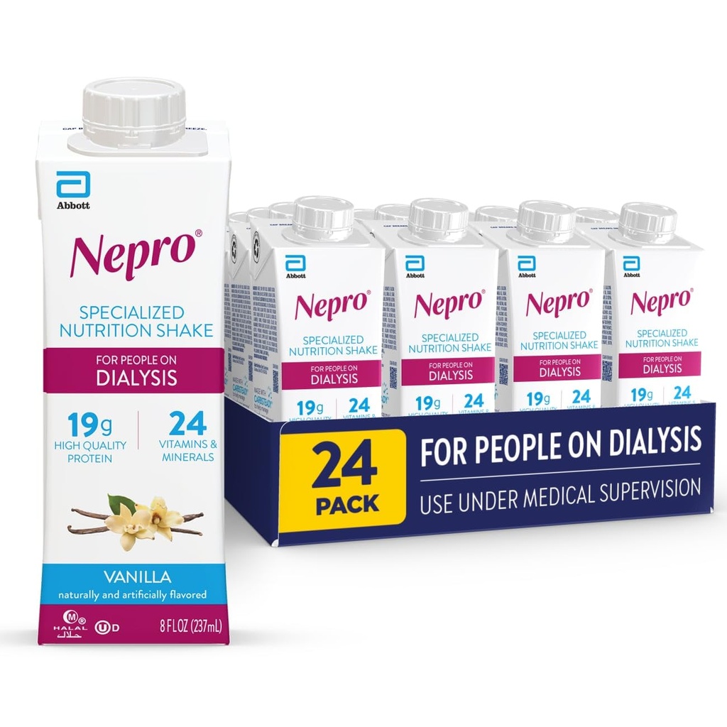 Nepro Nutrition Shake for People on Dialysis, 19g Protein, 420 Calories, Vanilla Tetra, 8 fl oz, Pack of 24