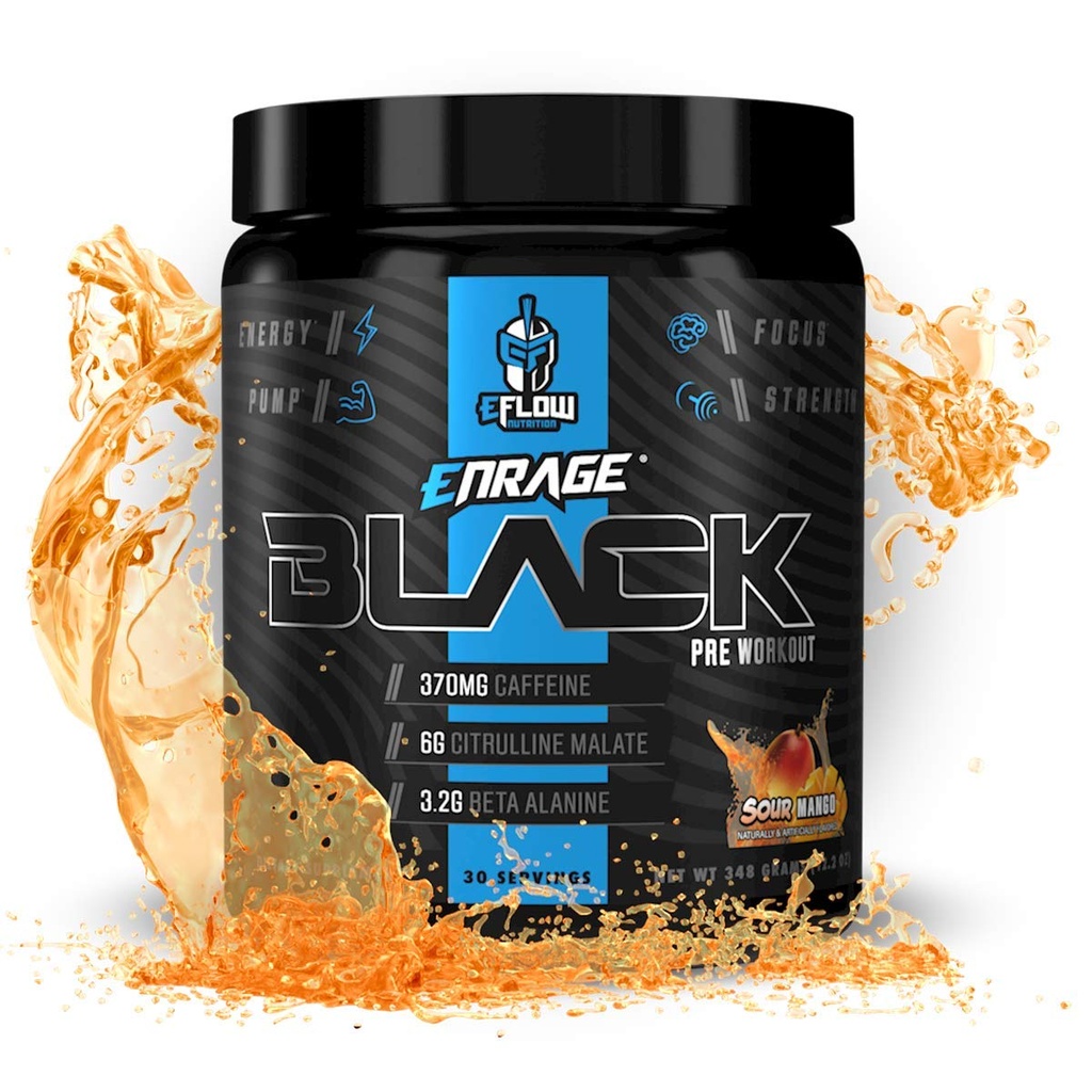 EFlow Nutrition Enrage Black High Simulant Pre Workout Supplement - Preworkout Powder to Boost Energy, Pumps and Strength - 4 Γεύσεις (30 Σερβιέτες) (Sour Mango)