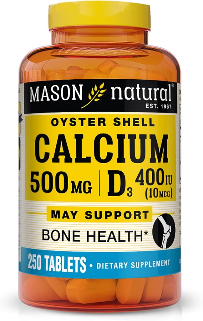 MASON ΦΥΣΙΚΟ Ασβέστιο 500 mg (Oyster Shell) με βιταμίνη D3 για την υποστήριξη της φυσιολογικής λειτουργίας των οστών και των μυών, 250 δισκία