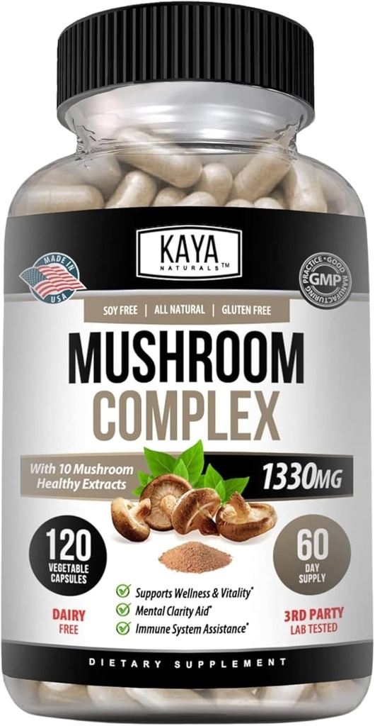 Kaya Naturals Premium Mushroom Complex Poent - συμπλήρωμα μανιταριών - Mushroom Complex Κάψουλες 1995mg ανά υπηρεσία - Βοηθήματα ψυχική σαφήνεια Υποστηρίζει ανοσοποιητικό σύστημα, ευεξία & ζωτικότητα - 120 κόμης
