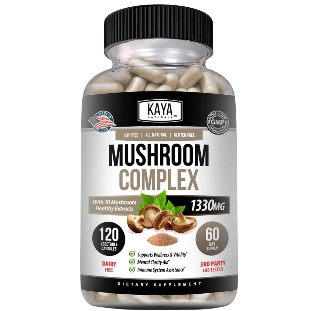 Kaya Naturals Premium Mushroom Complex Poent - συμπλήρωμα μανιταριών - Mushroom Complex Κάψουλες 1995mg ανά υπηρεσία - Βοηθήματα ψυχική σαφήνεια Υποστηρίζει ανοσοποιητικό σύστημα, ευεξία & ζωτικότητα - 120 κόμης