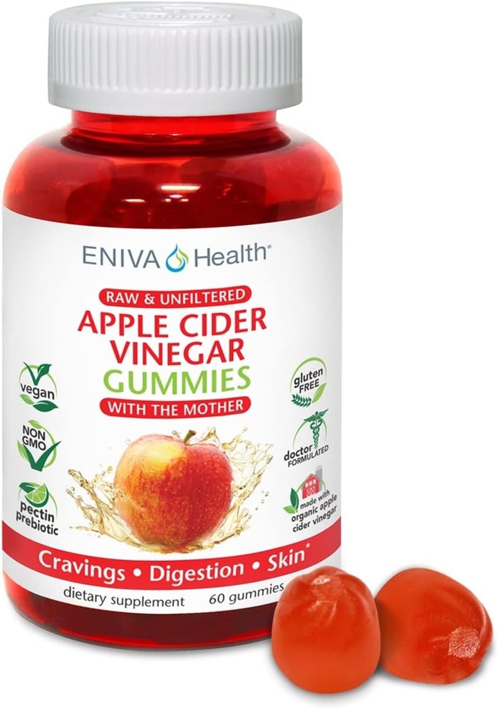 Eniva Health Apple Cider Vinegar Gourmet Gummy Vitamins 60 Ct USDA Organic ACV Vegan Gluten Free Non-GMO with The Mother B12 Beetroot Romegranate Energy Curb Cravings Detox Cleanse Immunity