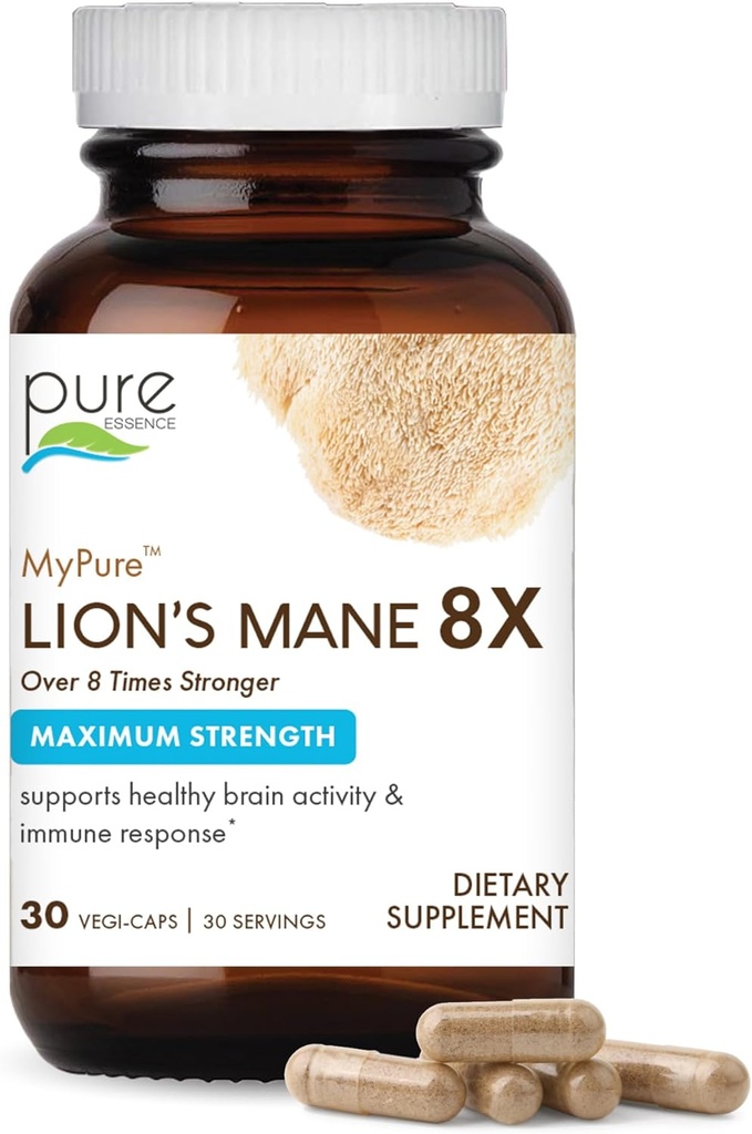 PURE ESSENCE LABS MyPure Lion's Mane 8X - Max Strength Brain Support with 100% Fruiting Body Organic Lion's Mane for Ultimate Cognative Performance, Focus, and Mental Clarity, 30 Κάψουλες