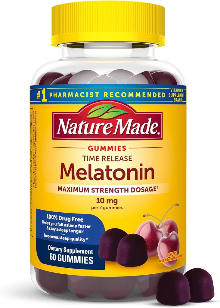 Nature Made Time Release Μελατονίνη Gummies 10mg ανά υπηρεσία, μέγιστη δύναμη Δοσολογία Βοήθεια για τον ύπνο για ενήλικες, 100% Χωρίς ναρκωτικά, 60 Gummies, 30 ημέρες προσφοράς