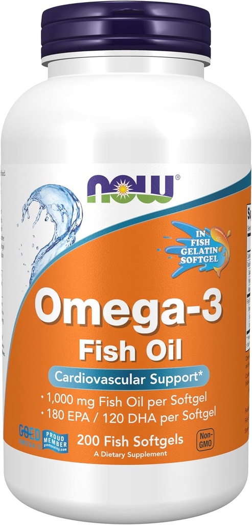 NOW Συμπληρώματα Τροφίμων, Omega-3 180 EPA / 120 DHA, Μοριακά Αποσταγμένο, Καρδιαγγειακή Υποστήριξη*, 200-Fish Ζελατίνη Softgels, Συσκευασία μπορεί να ποικίλει