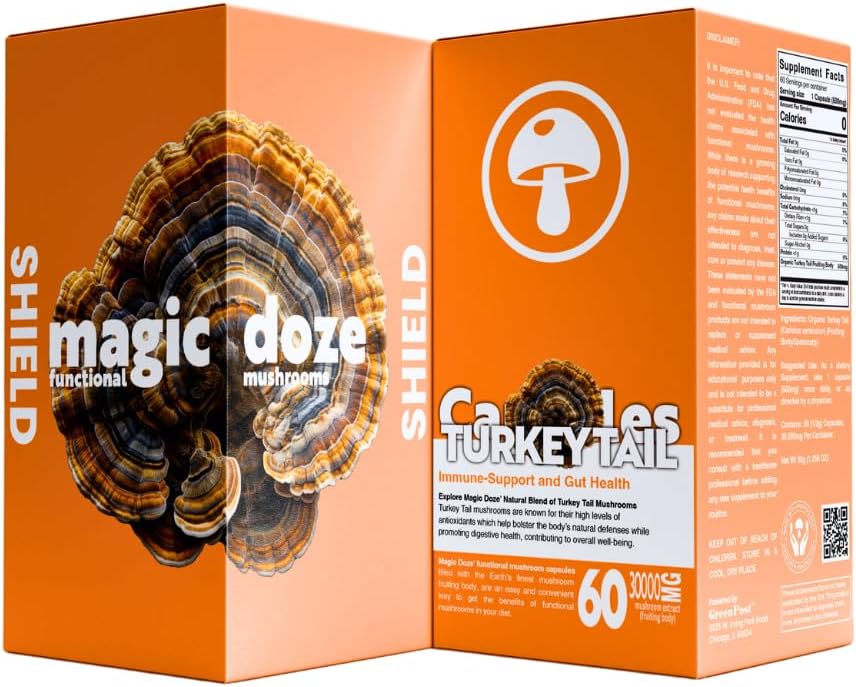 Μαγικές κάψουλες μανιταριών DozeTM Turkey Tail - 60 κάψουλες για την ανοσοποιητική υποστήριξη & την πειστική υγεία