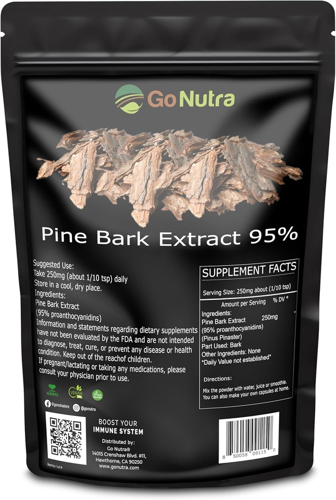 Go Nutra Pine Bark Extract Σκόνη Τυποποιημένη 95% Proanthocyanidins Pine Bark Powder Poent Supplement 8oz. Αμιγής μη ΓΤΟ Vegan